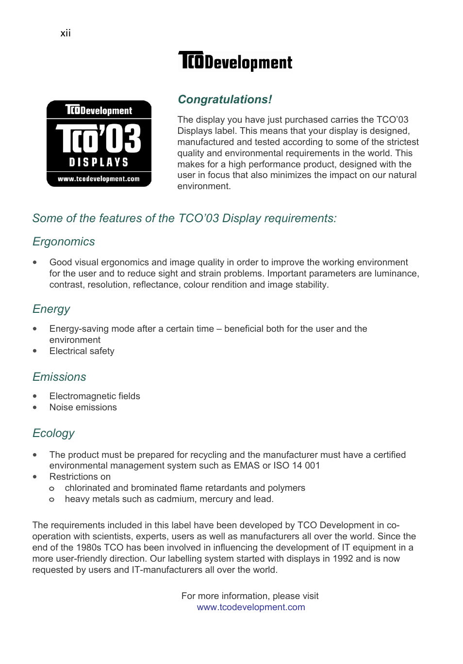 Emissions, Ergonomics energy, Ecology | Acer V183HL User Manual | Page 12 / 28