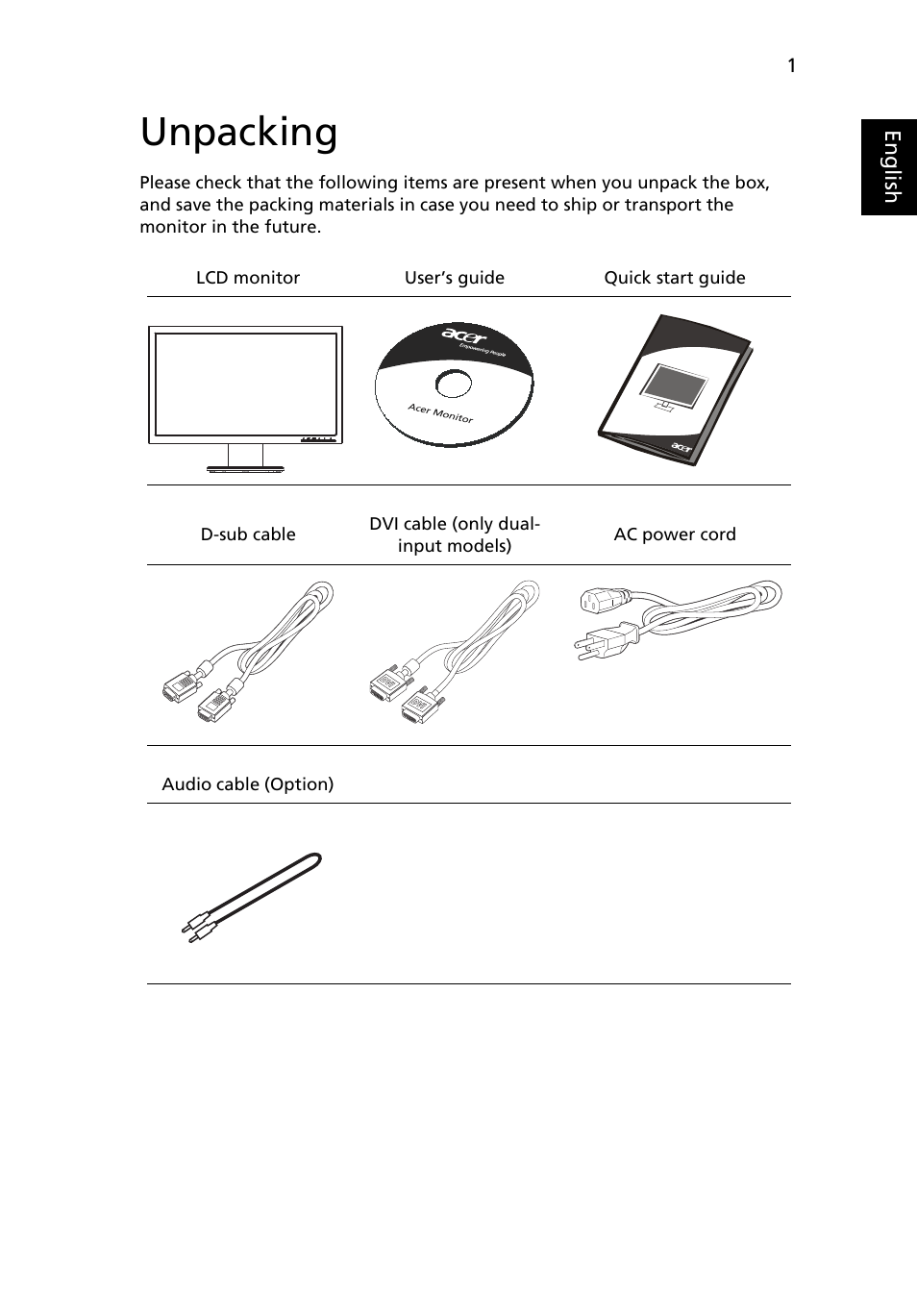 Unpacking, Attaching/removing the base | Acer V183HL User Manual | Page 15 / 28