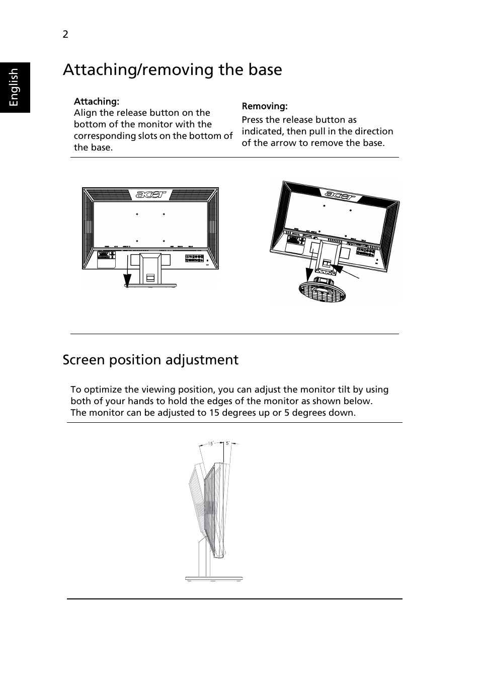 Attaching/removing the base, Screen position adjustmen, Connecting the power cord | Screen position adjustment | Acer V183HL User Manual | Page 16 / 28