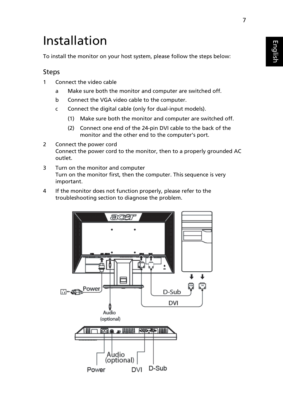 Installation, User controls | Acer V183HL User Manual | Page 21 / 28