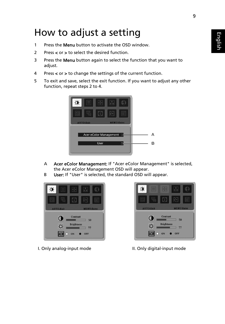 How to adjust a setting, Acer ecolor management | Acer V183HL User Manual | Page 23 / 28