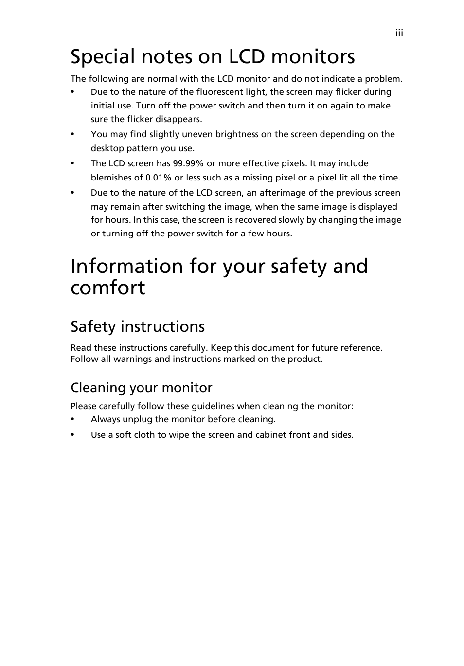 Special notes on lcd monitors, Information for your safety and comfort, Safety instructions | Cleaning your monitor | Acer V183HL User Manual | Page 3 / 28