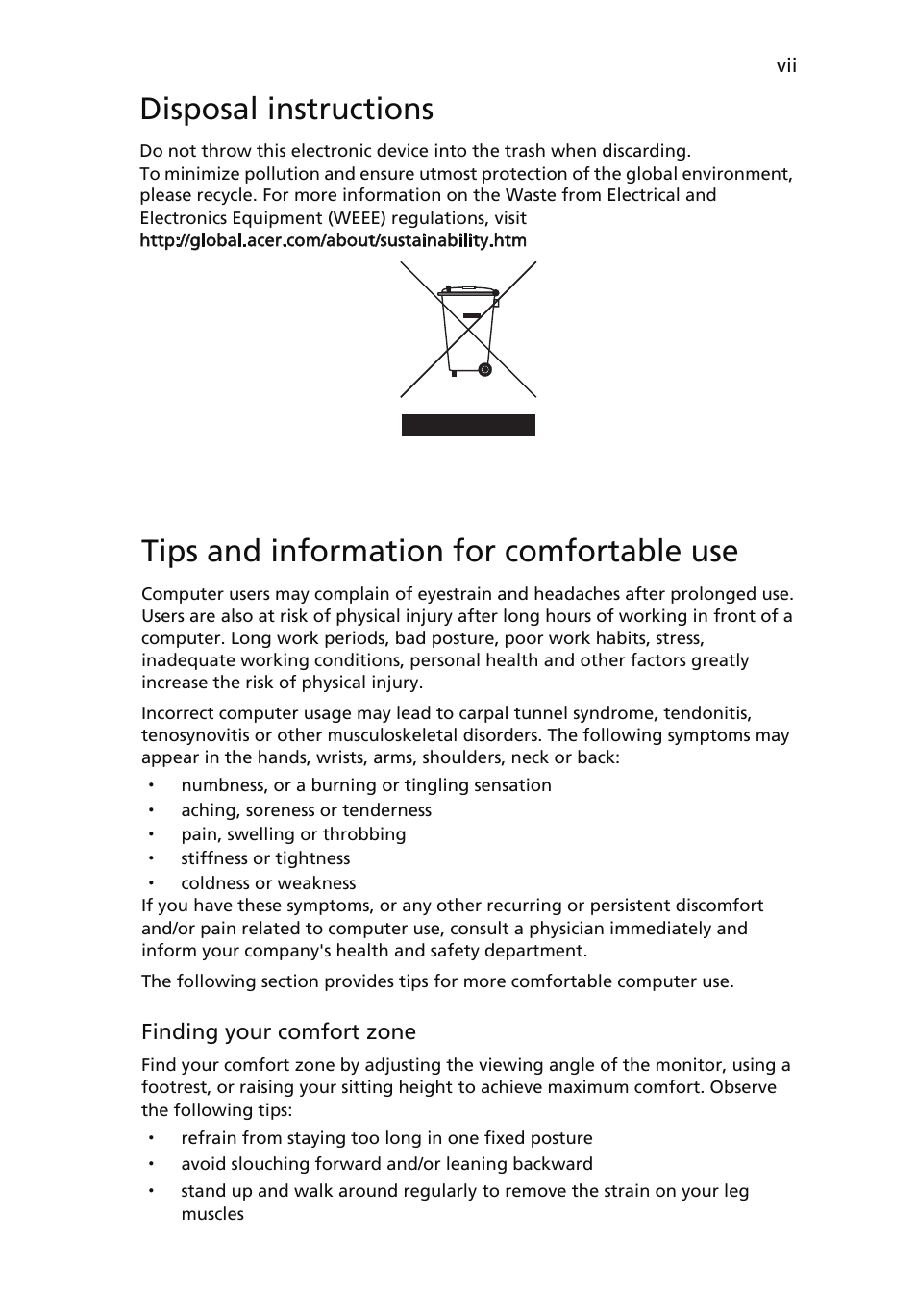 Disposal instructions, Lcd pixel statement, Tips and information for comfortable use | Acer V183HL User Manual | Page 7 / 28