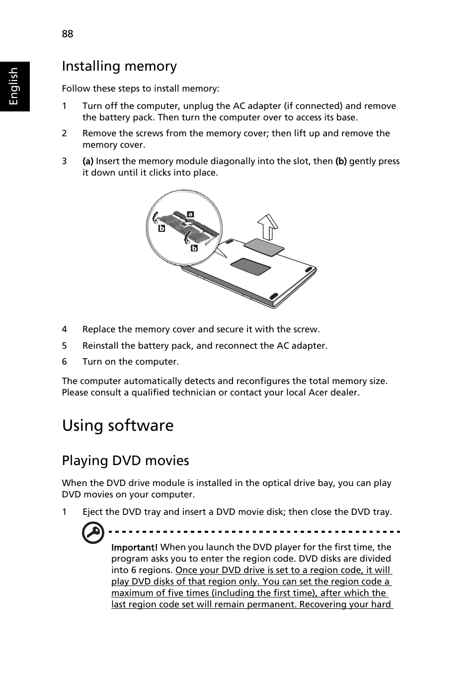 Using software, Installing memory, Playing dvd movies | Acer TravelMate 6460 User Manual | Page 106 / 125