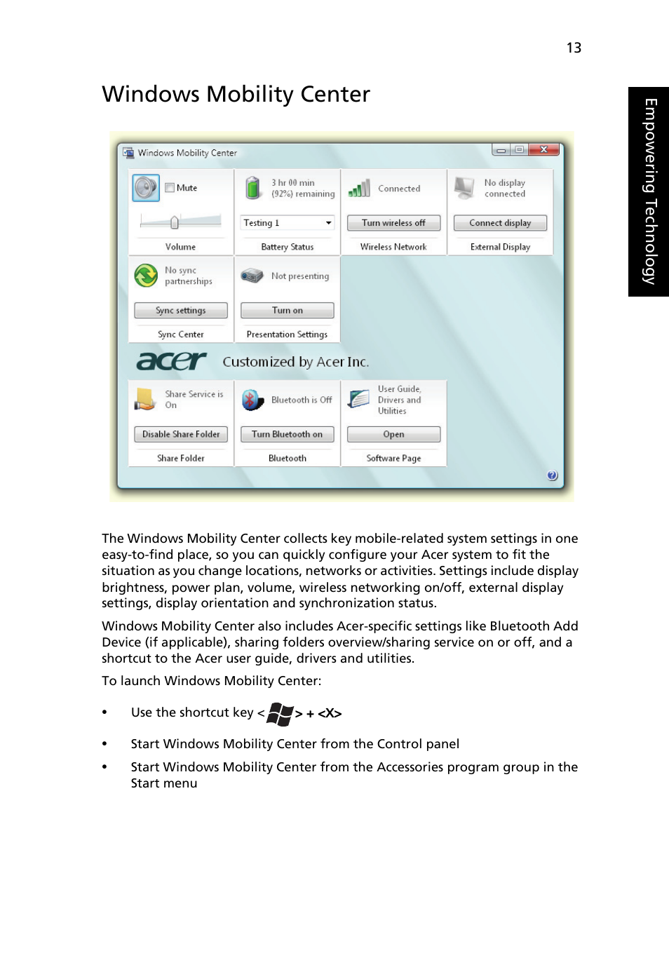 Windows mobility center | Acer TravelMate 6460 User Manual | Page 31 / 125