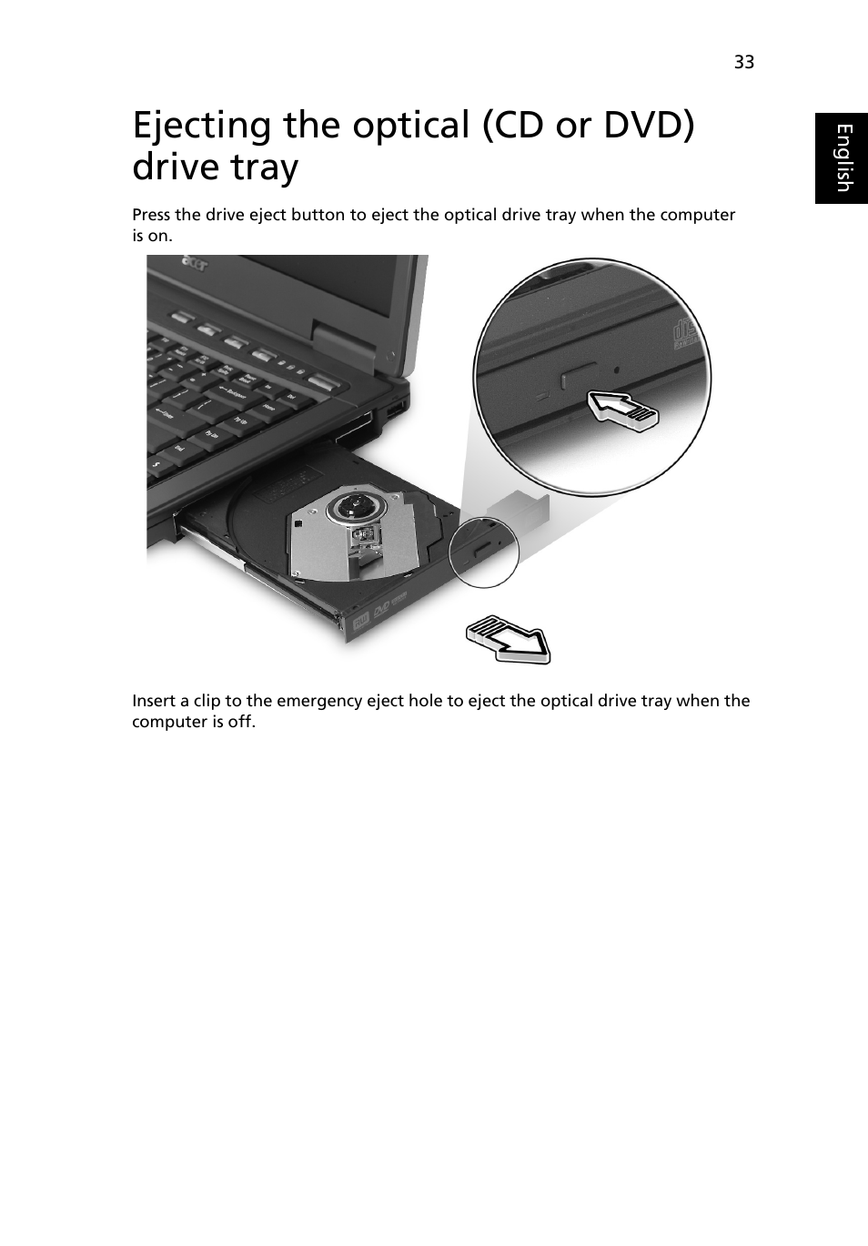 Ejecting the optical (cd or dvd) drive tray | Acer TravelMate 6460 User Manual | Page 51 / 125