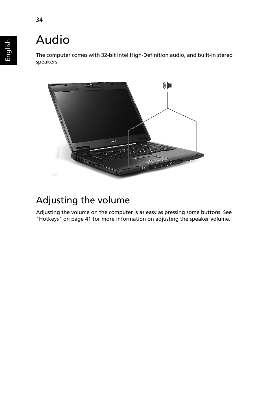 Audio, Adjusting the volume | Acer TravelMate 6460 User Manual | Page 52 / 125