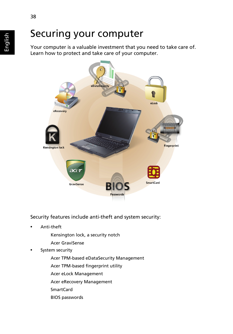 Securing your computer | Acer TravelMate 6460 User Manual | Page 56 / 125