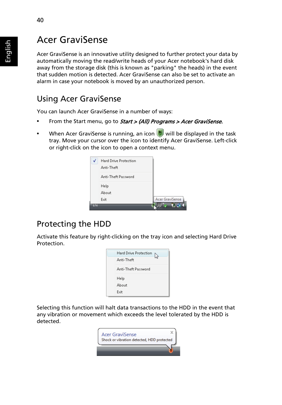 Acer gravisense, Using acer gravisense, Protecting the hdd | Acer TravelMate 6460 User Manual | Page 58 / 125