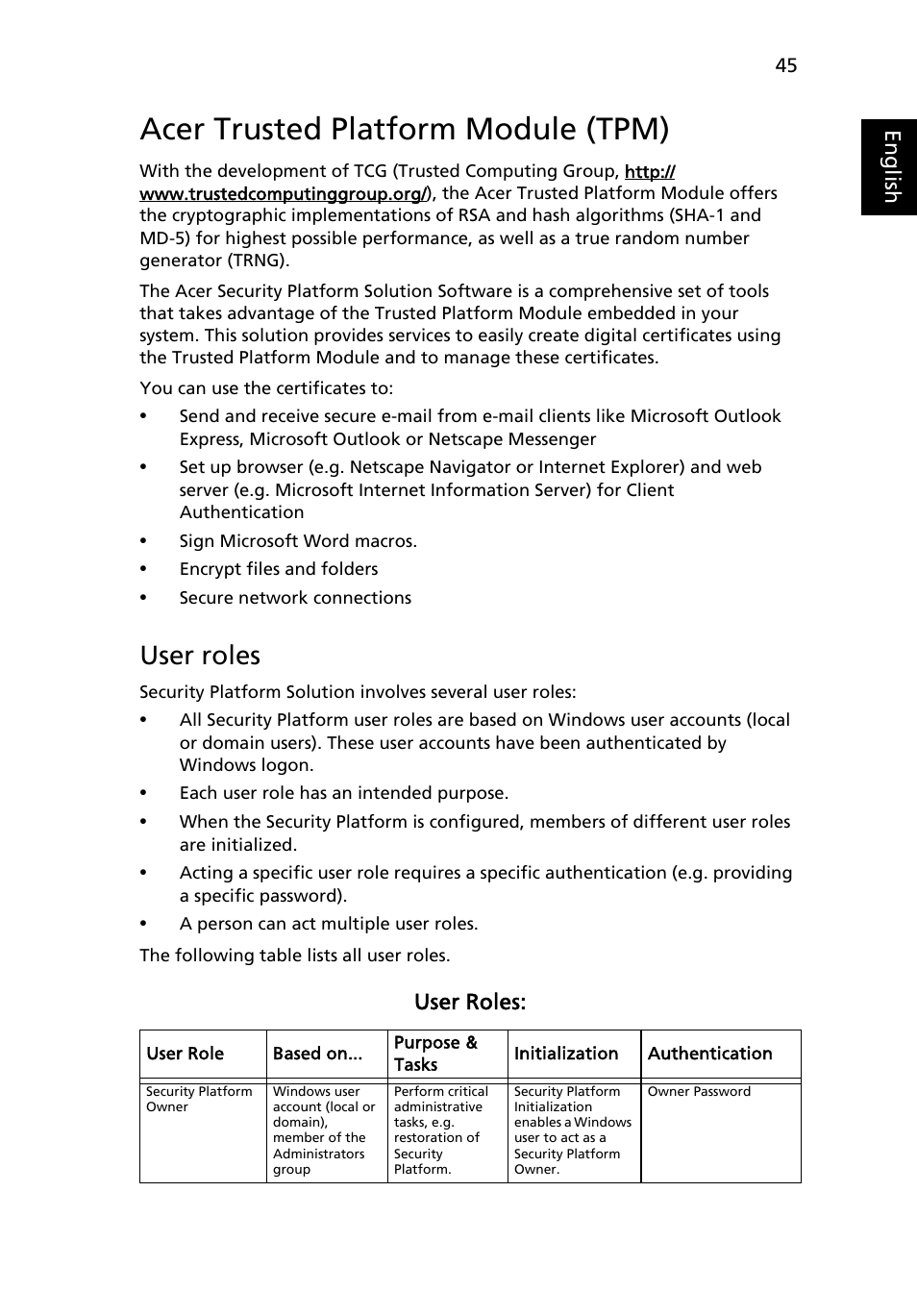 Acer trusted platform module (tpm), User roles, Eng lis h | Acer TravelMate 6460 User Manual | Page 63 / 125