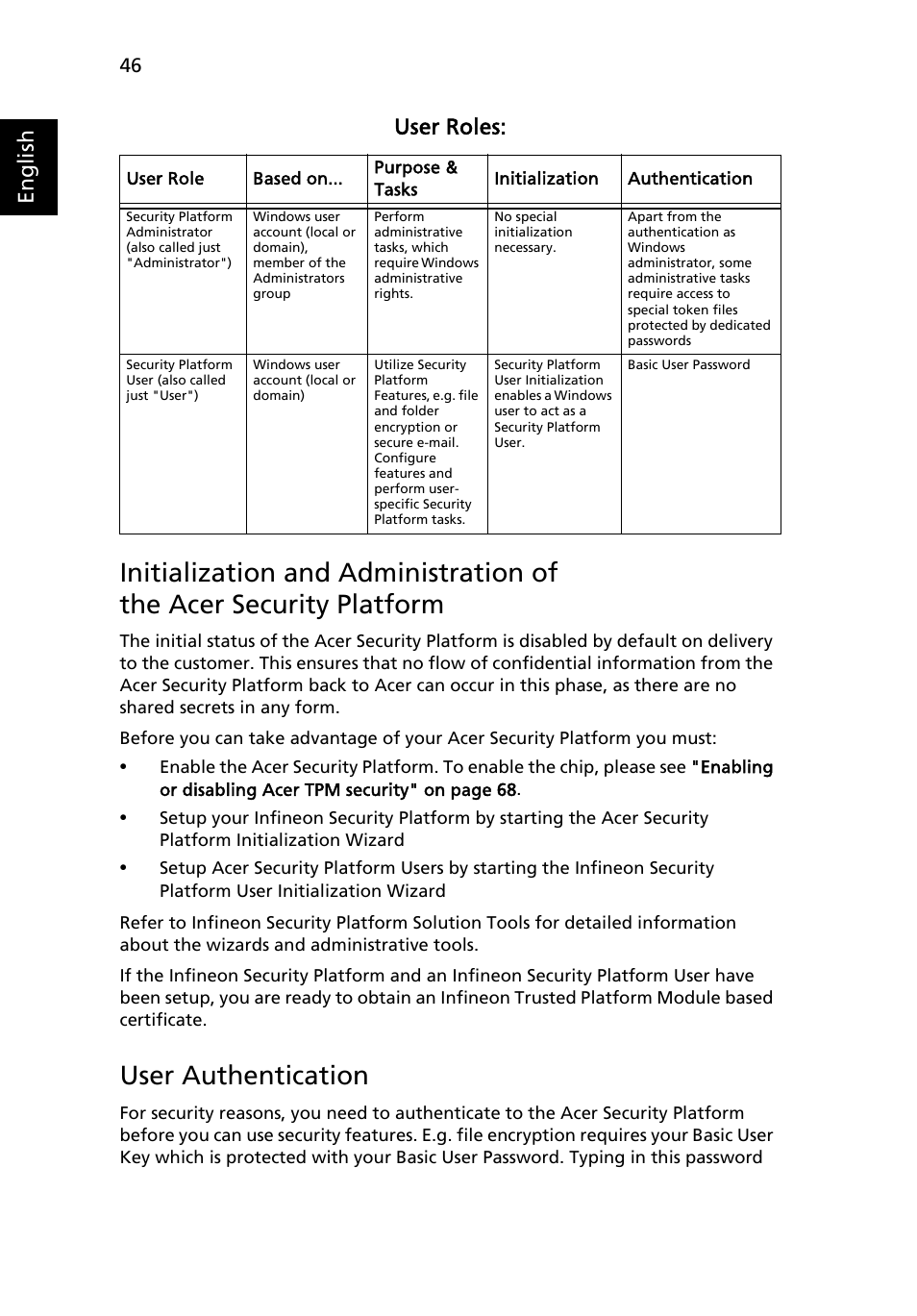 User authentication, English, User roles | Acer TravelMate 6460 User Manual | Page 64 / 125