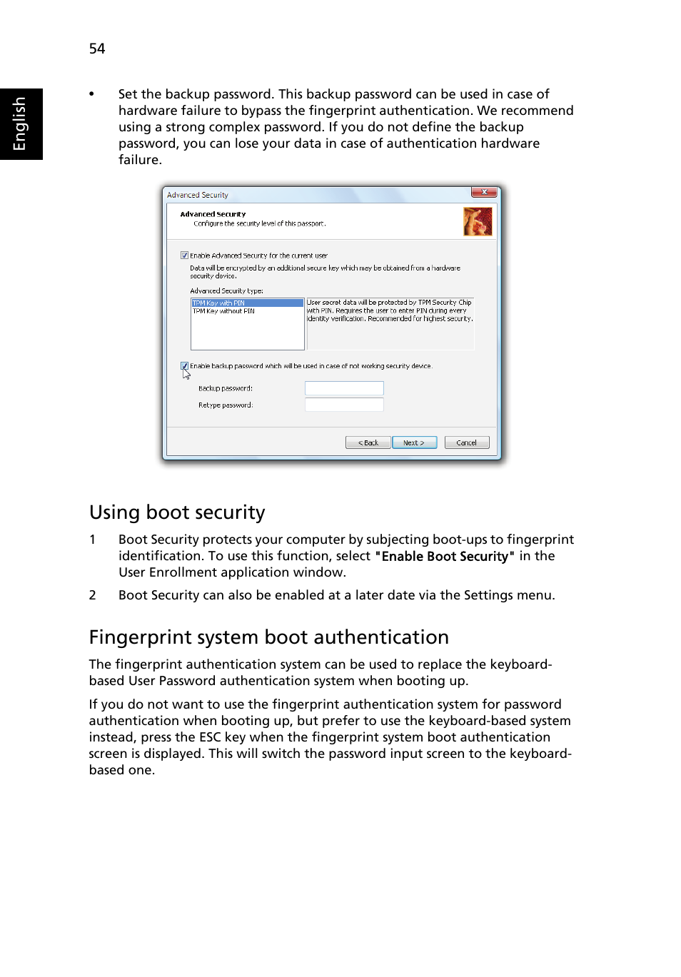 Using boot security, Fingerprint system boot authentication | Acer TravelMate 6460 User Manual | Page 72 / 125