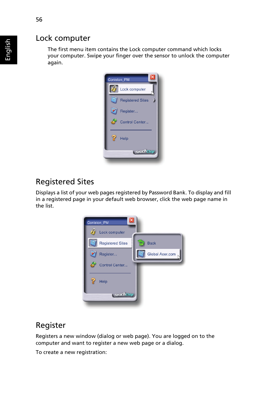 Lock computer, Registered sites, Register | Acer TravelMate 6460 User Manual | Page 74 / 125