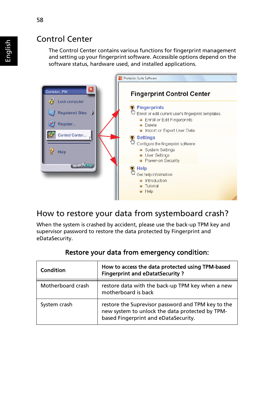 Control center, How to restore your data from systemboard crash | Acer TravelMate 6460 User Manual | Page 76 / 125