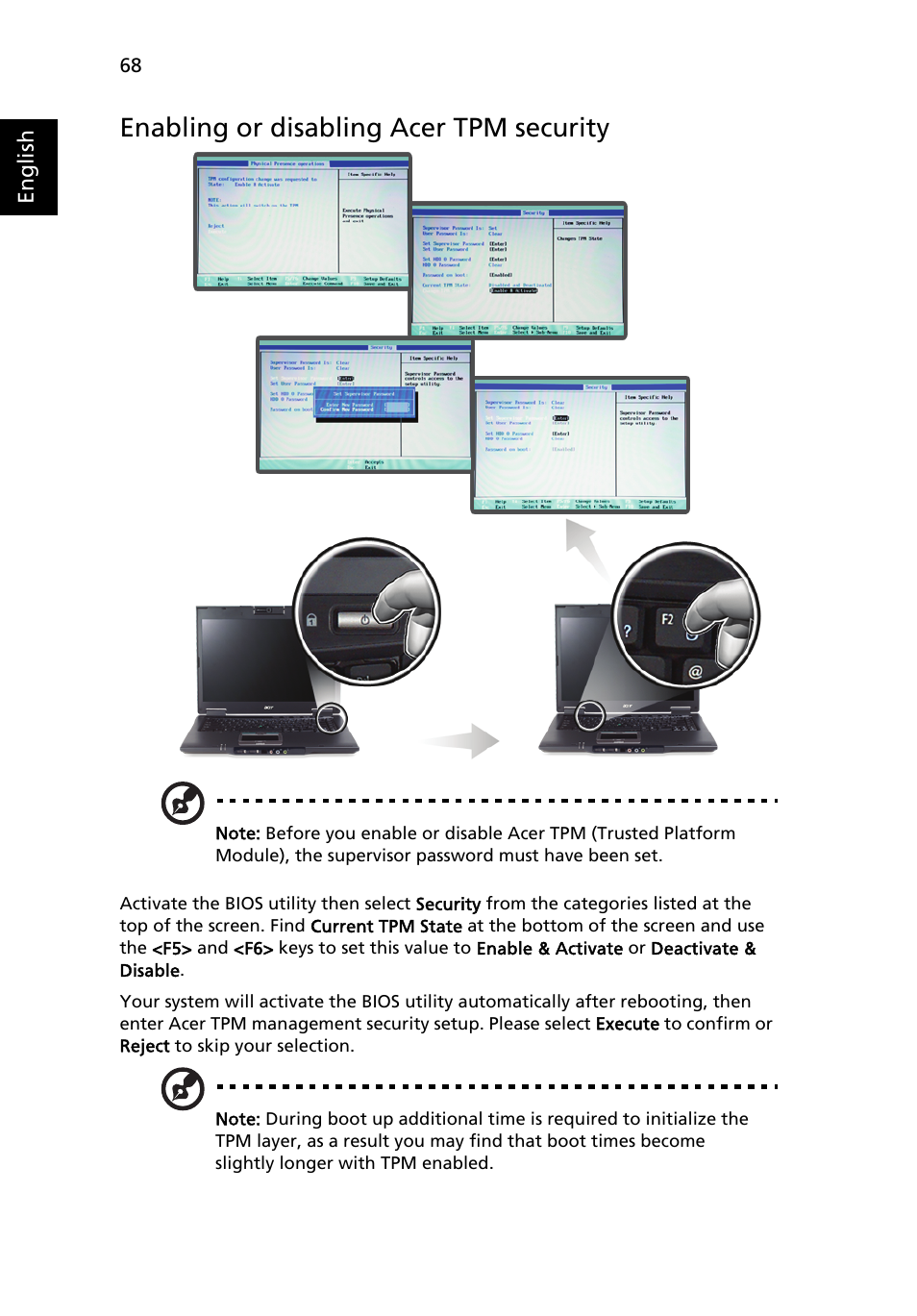 Enabling or disabling acer tpm security | Acer TravelMate 6460 User Manual | Page 86 / 125