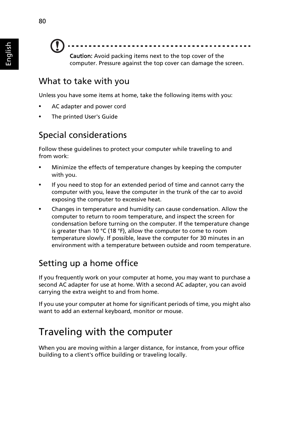 Traveling with the computer, What to take with you, Special considerations | Setting up a home office | Acer TravelMate 6460 User Manual | Page 98 / 125