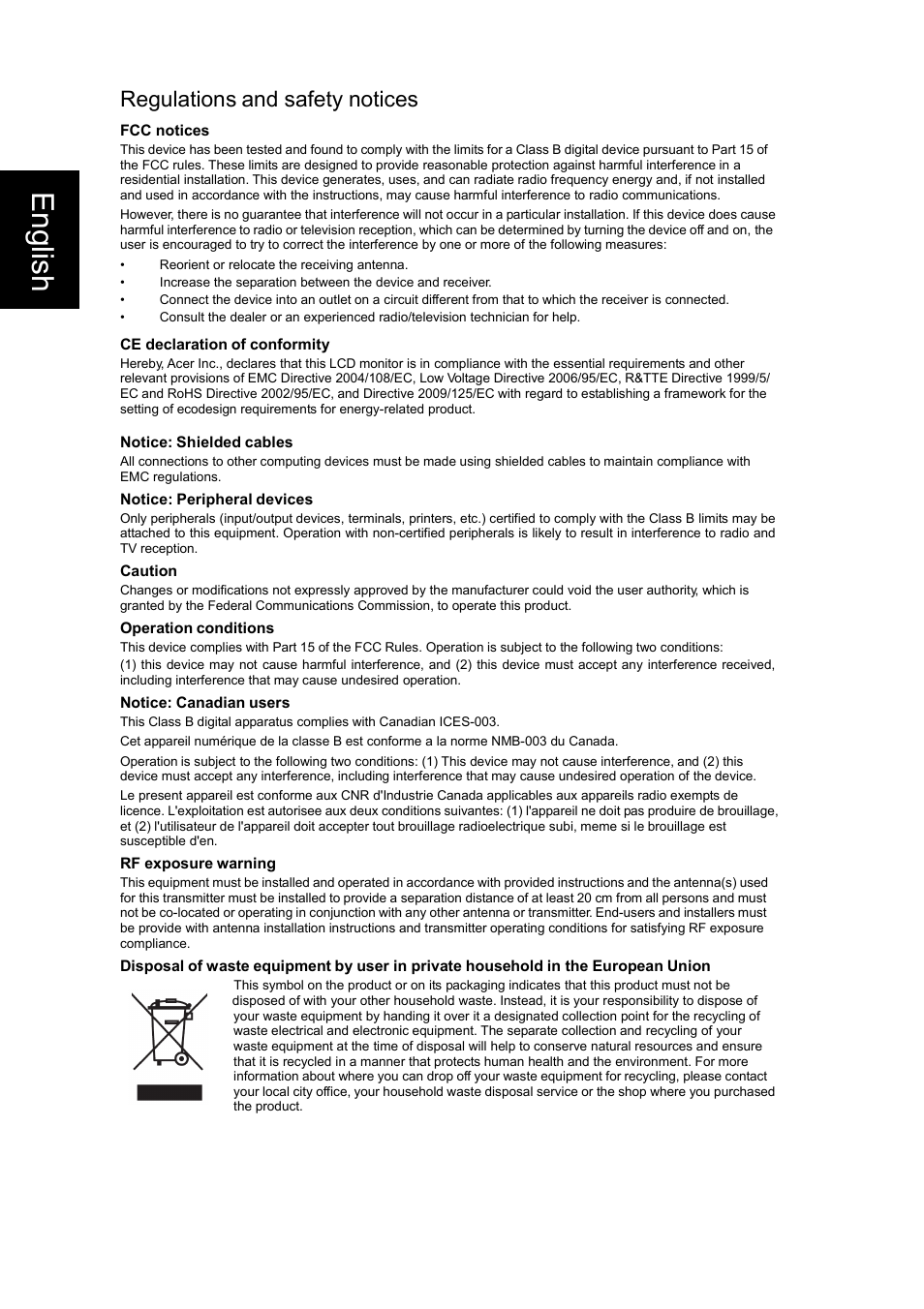 English, Regulations and safety notices | Acer DA220HQL User Manual | Page 2 / 5