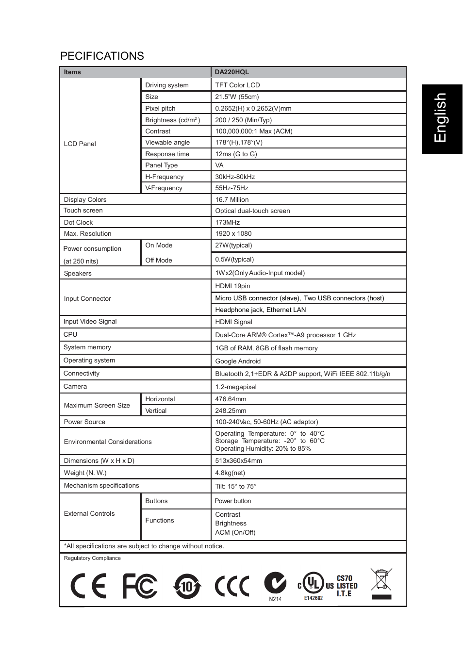 English, Pecifications | Acer DA220HQL User Manual | Page 3 / 5