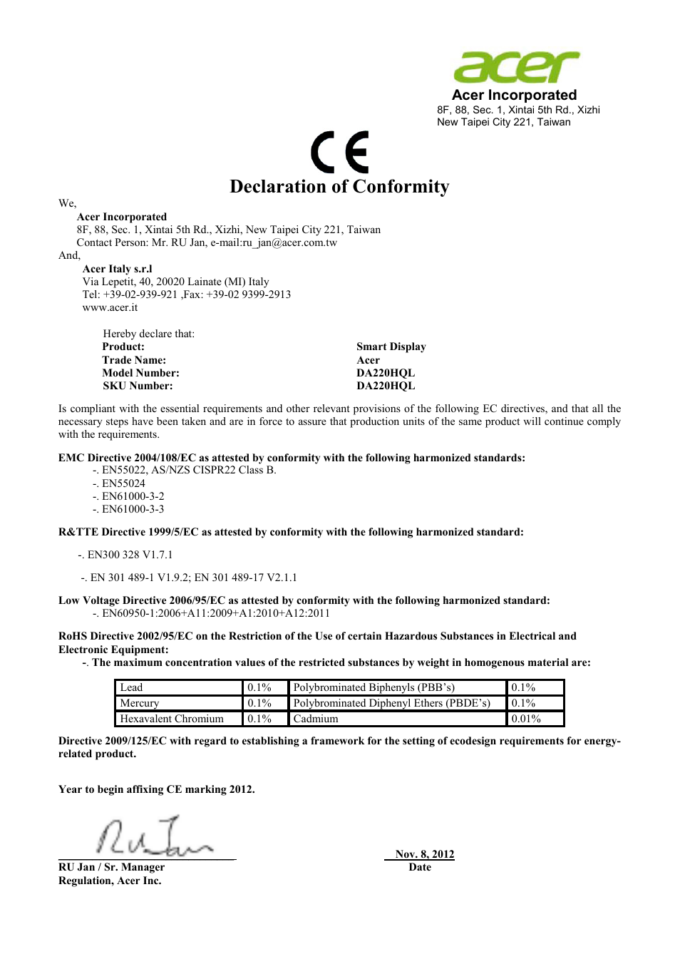 Declaration of conformity | Acer DA220HQL User Manual | Page 4 / 5
