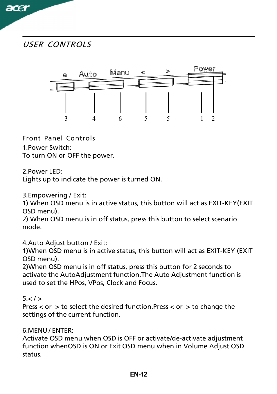 User controls | Acer X163WL User Manual | Page 13 / 22