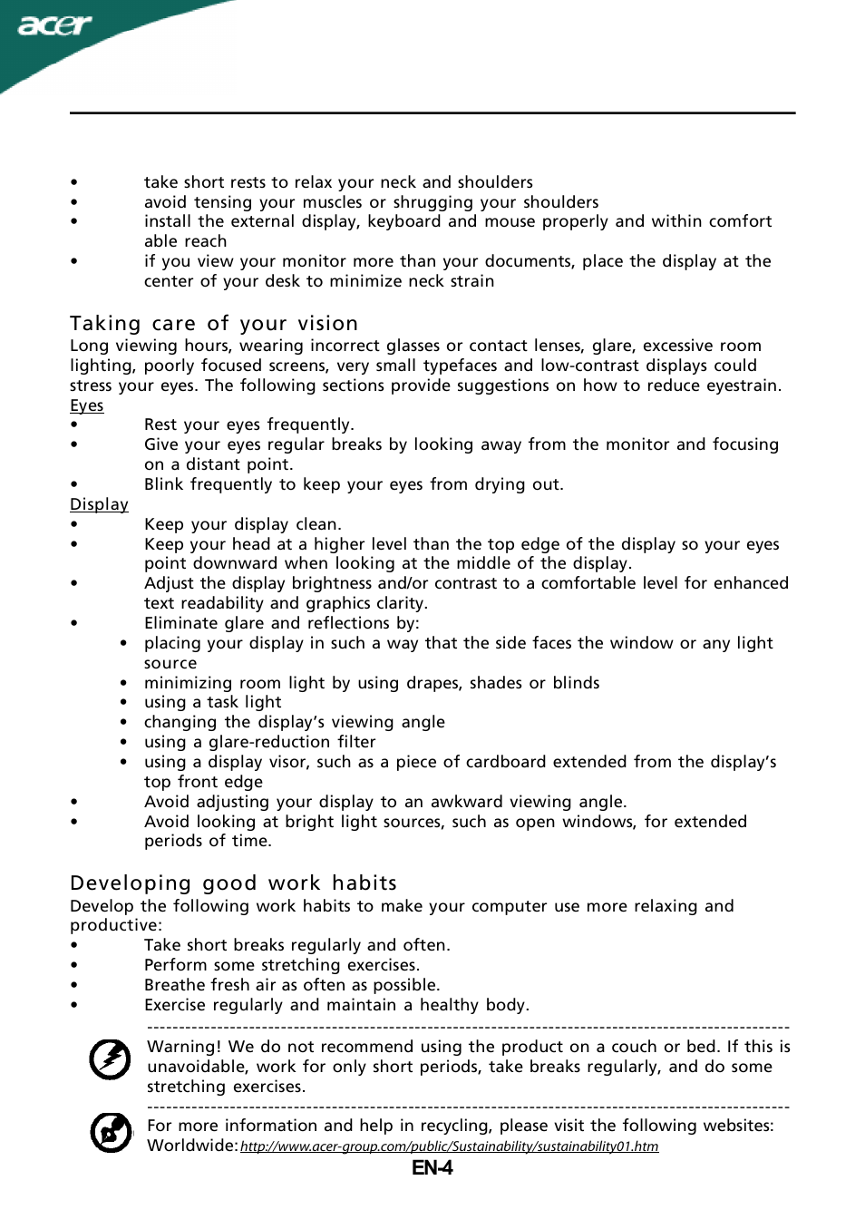 En-4, Taking care of your vision, Developing good work habits | Acer X163WL User Manual | Page 5 / 22