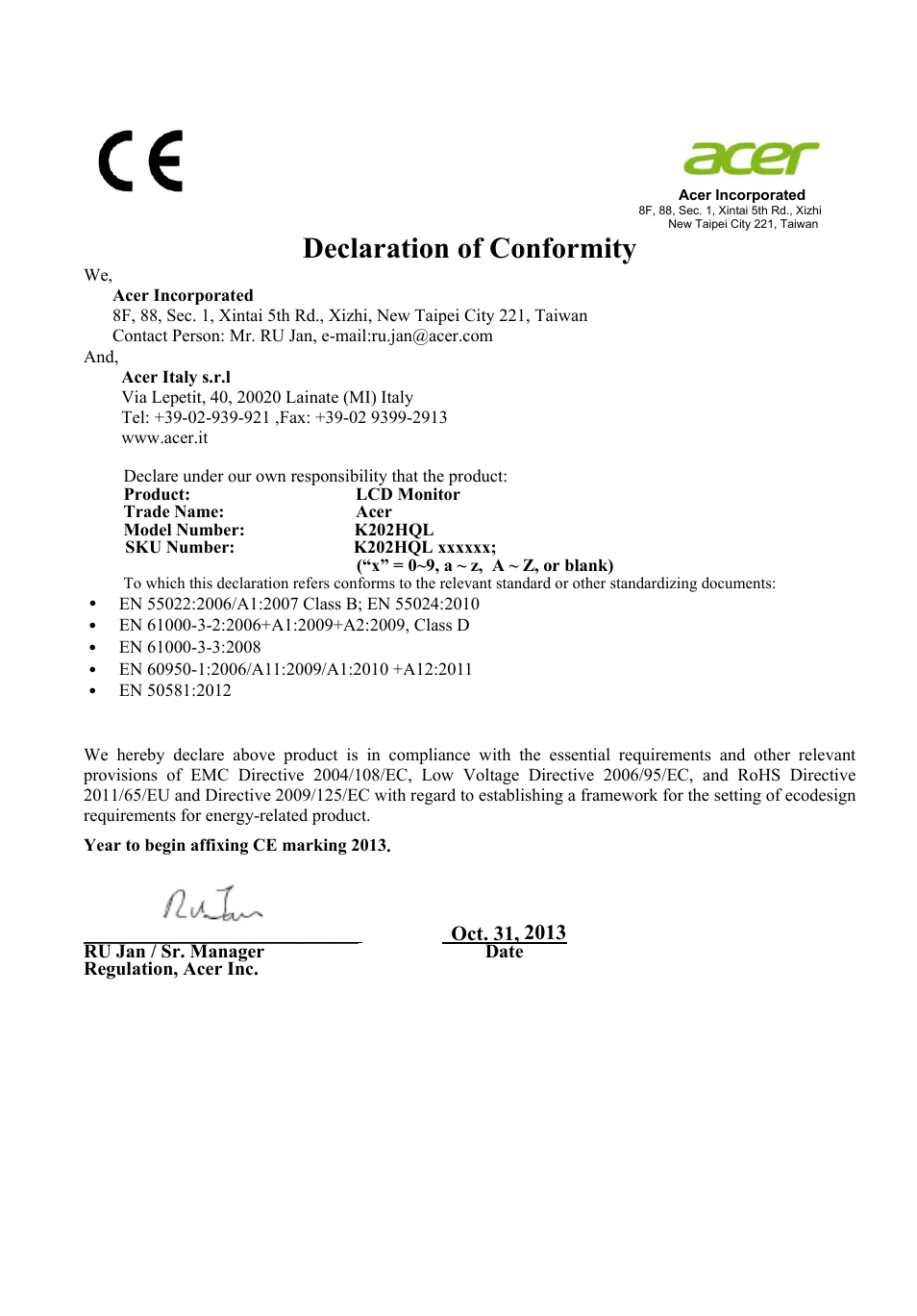 Declaration of conformity | Acer K202HQL User Manual | Page 10 / 27