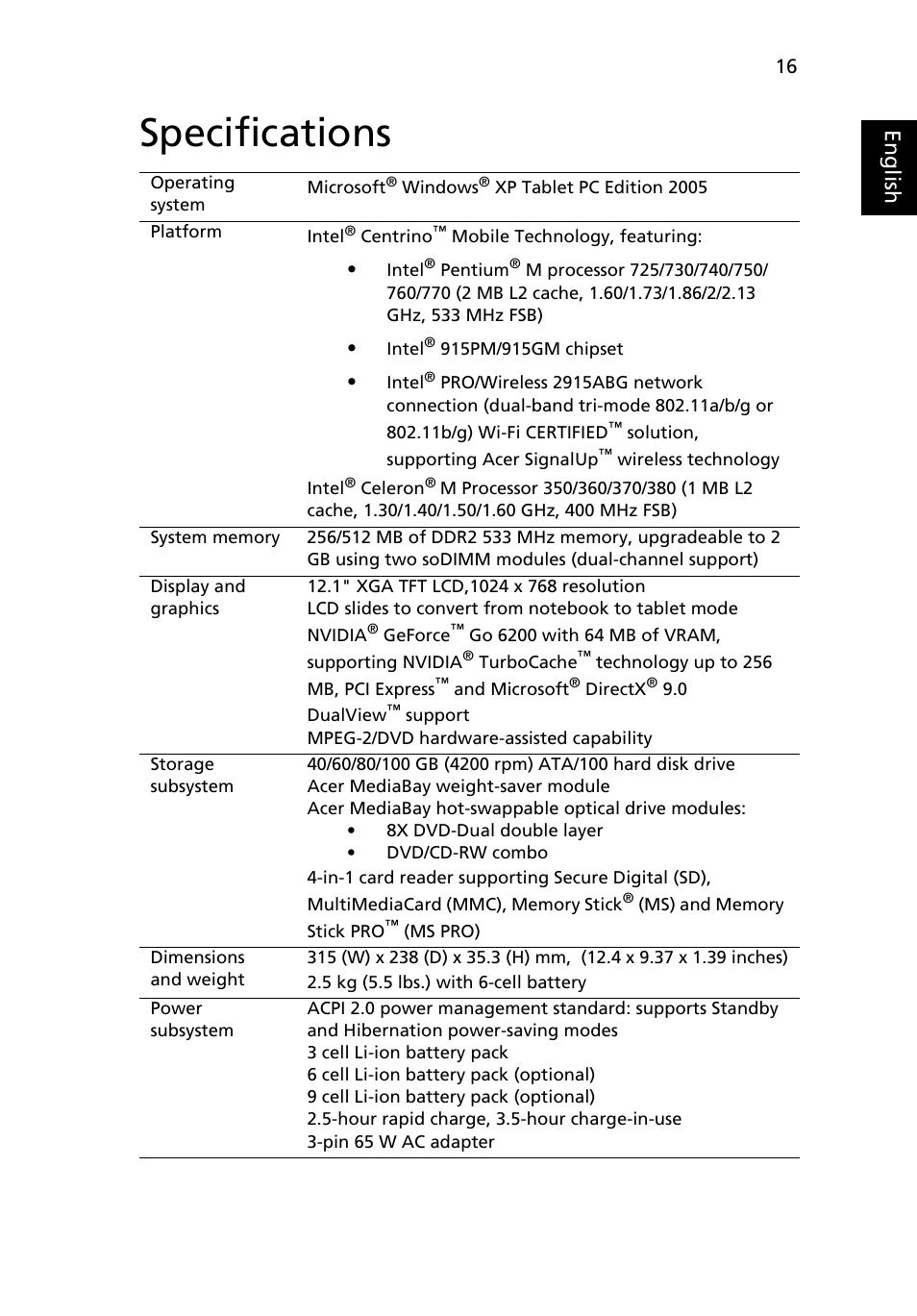 Specifications, English eng lis h | Acer TravelMate C200 User Manual | Page 25 / 82