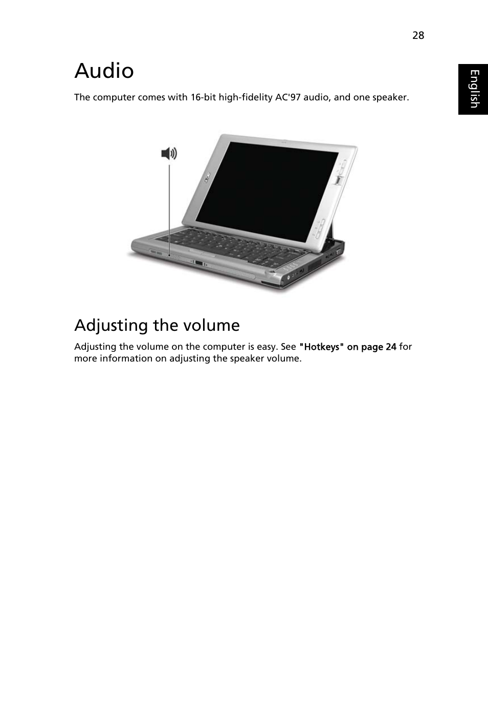 Audio, Adjusting the volume | Acer TravelMate C200 User Manual | Page 37 / 82