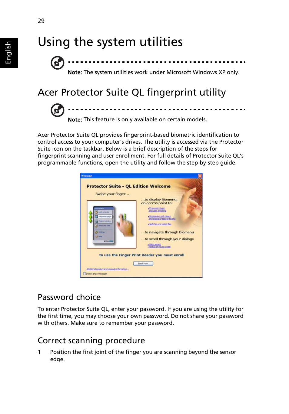 Using the system utilities, Acer protector suite ql fingerprint utility, Password choice | Correct scanning procedure | Acer TravelMate C200 User Manual | Page 38 / 82