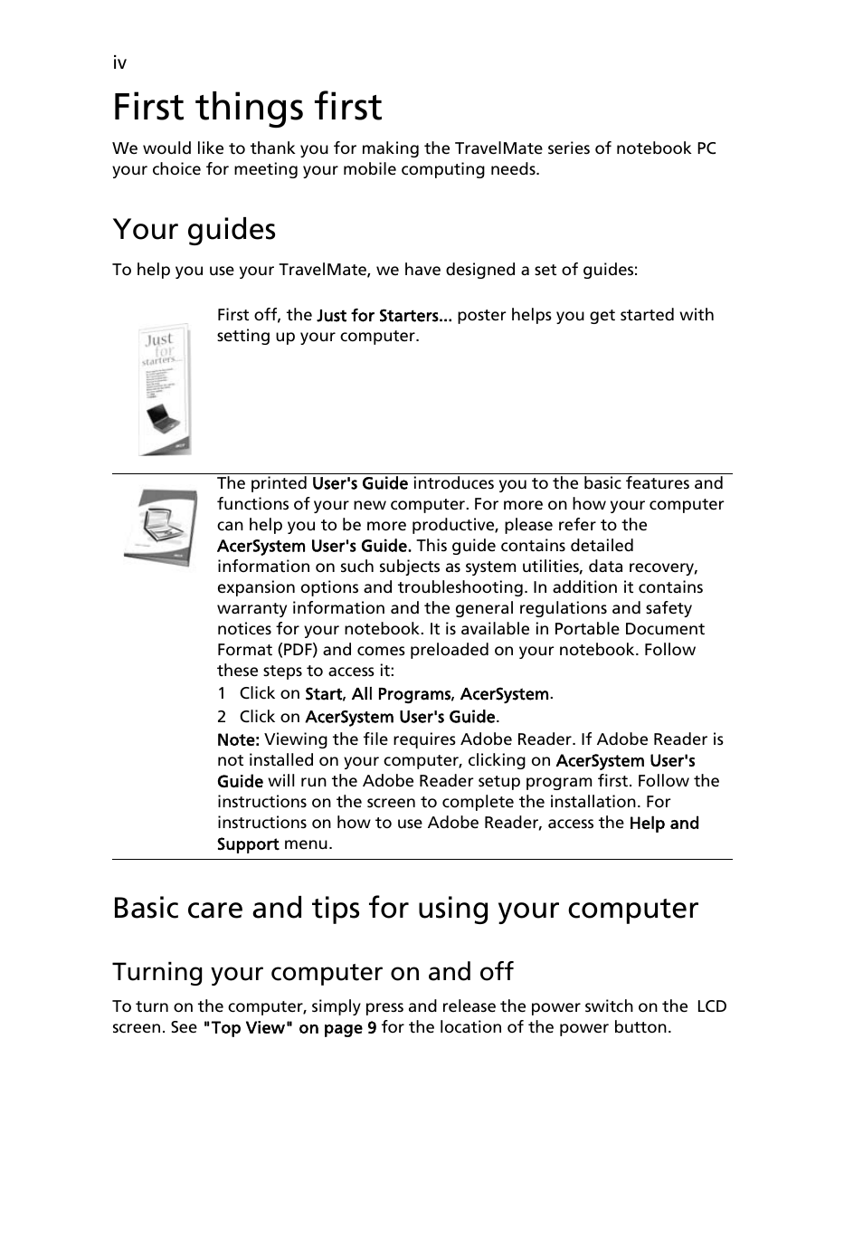 First things first, Your guides, Basic care and tips for using your computer | Acer TravelMate C200 User Manual | Page 4 / 82