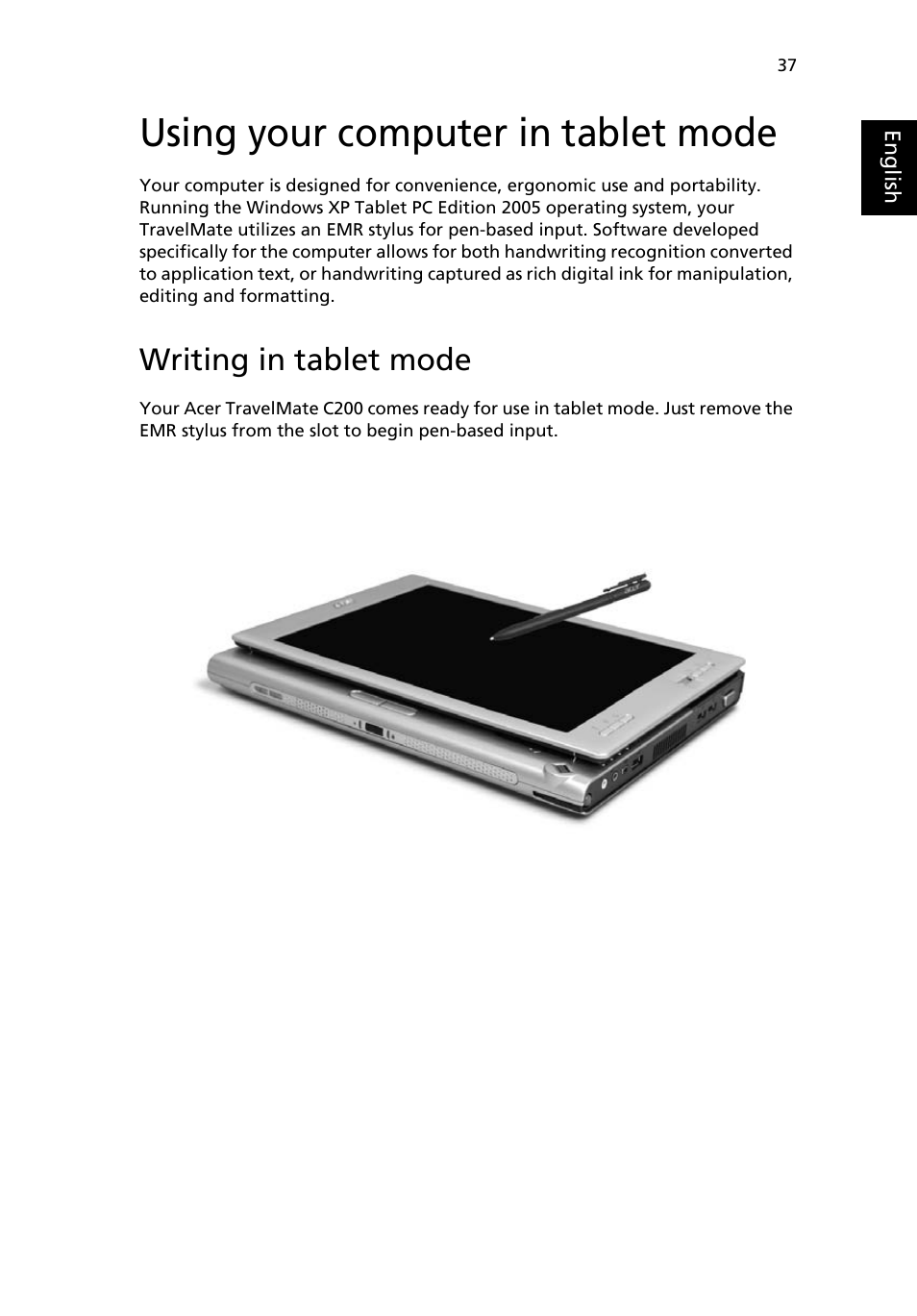 Using your computer in tablet mode, Writing in tablet mode | Acer TravelMate C200 User Manual | Page 47 / 82