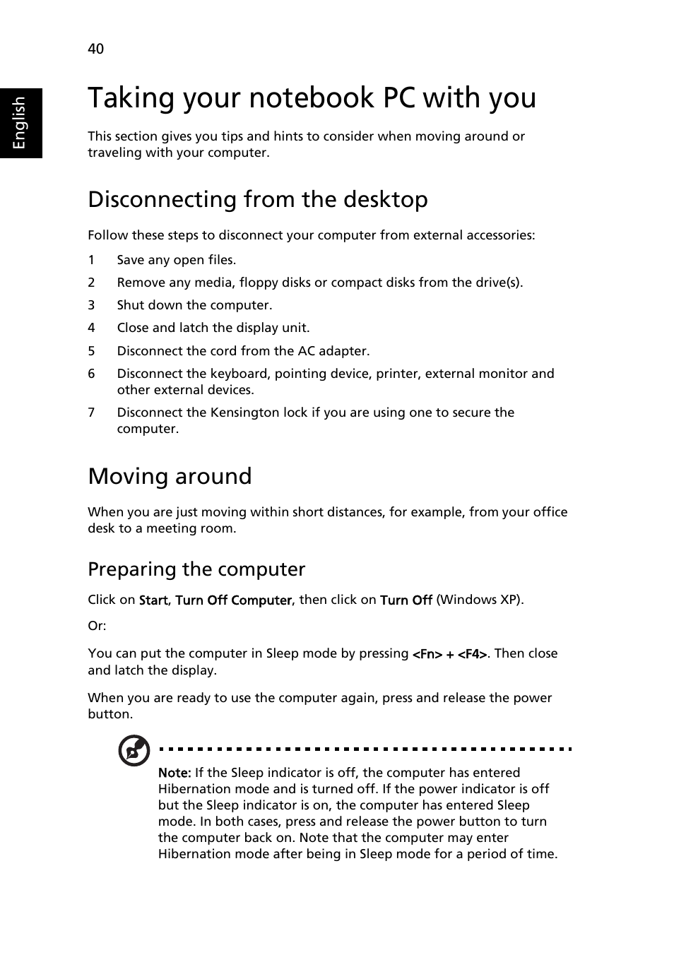 Taking your notebook pc with you, Disconnecting from the desktop, Moving around | Preparing the computer | Acer TravelMate C200 User Manual | Page 50 / 82