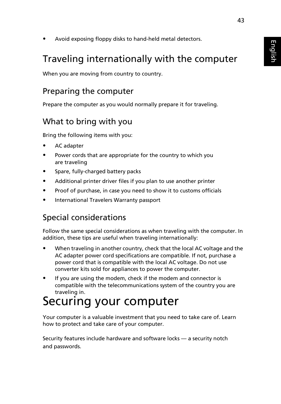 Traveling internationally with the computer, Securing your computer, Preparing the computer | What to bring with you, Special considerations | Acer TravelMate C200 User Manual | Page 53 / 82