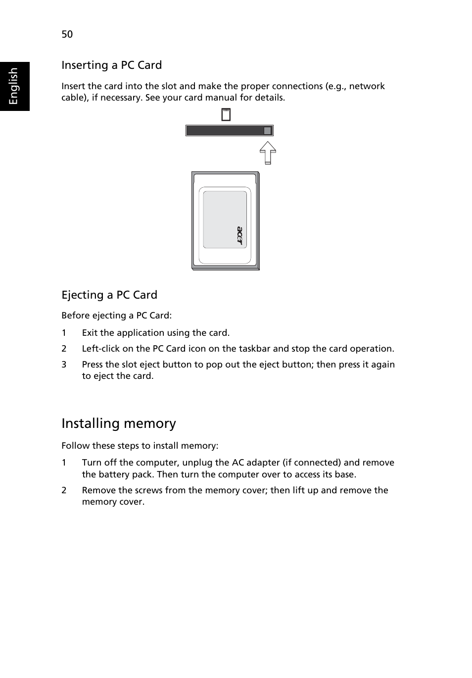 Installing memory | Acer TravelMate C200 User Manual | Page 60 / 82