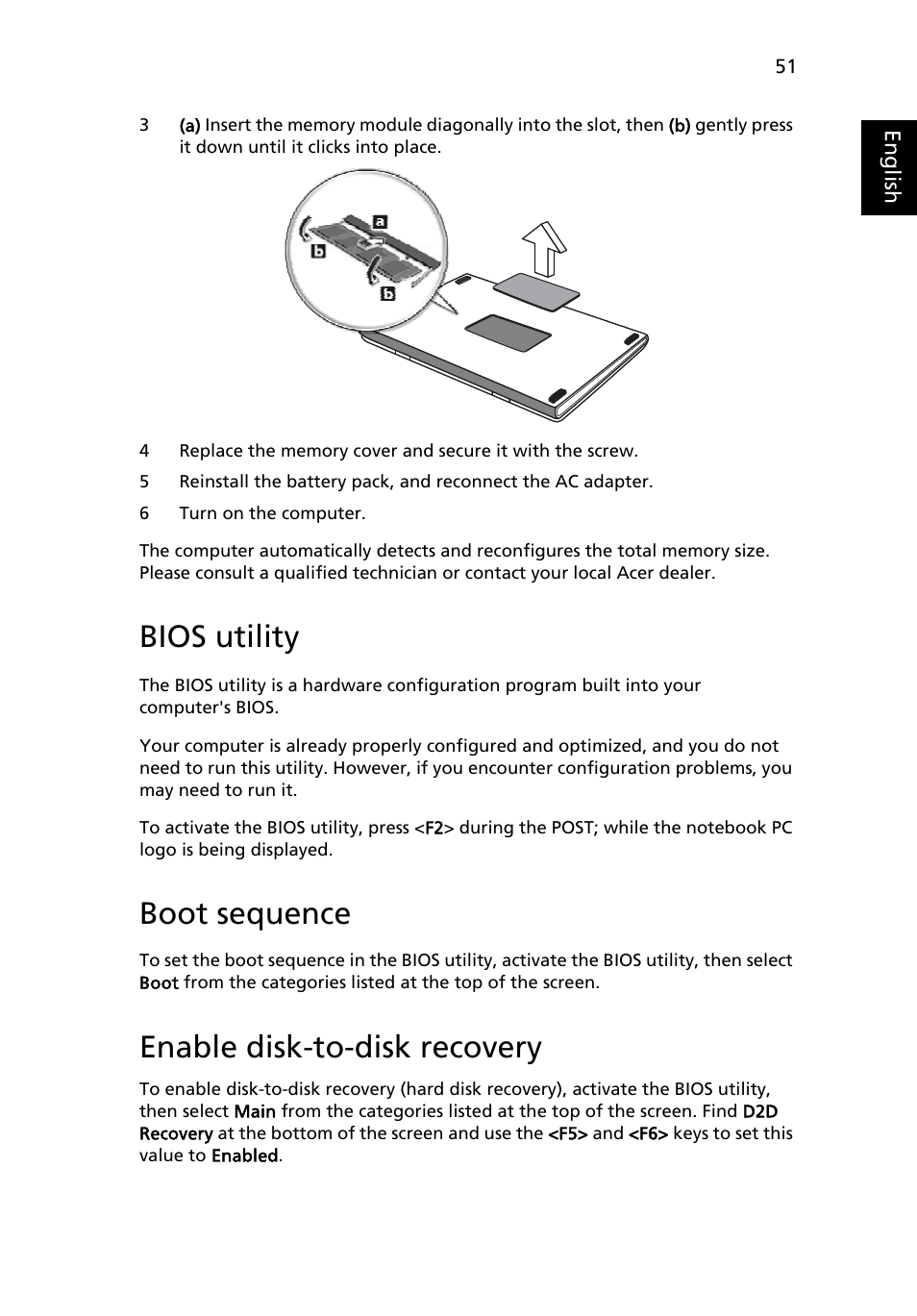 Bios utility, Boot sequence, Enable disk-to-disk recovery | Acer TravelMate C200 User Manual | Page 61 / 82