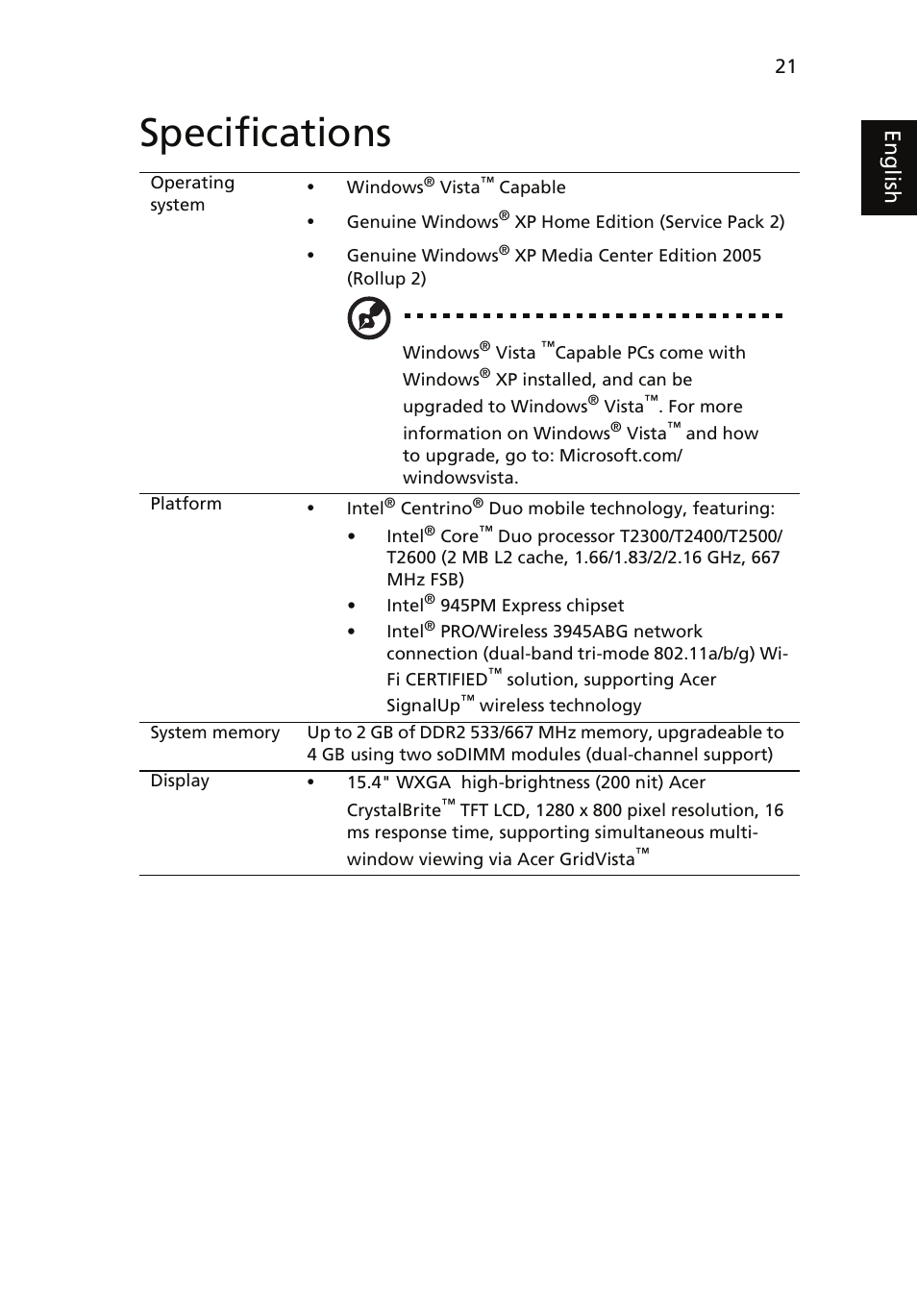 Specifications, Eng lis h | Acer Aspire 9110 User Manual | Page 35 / 115