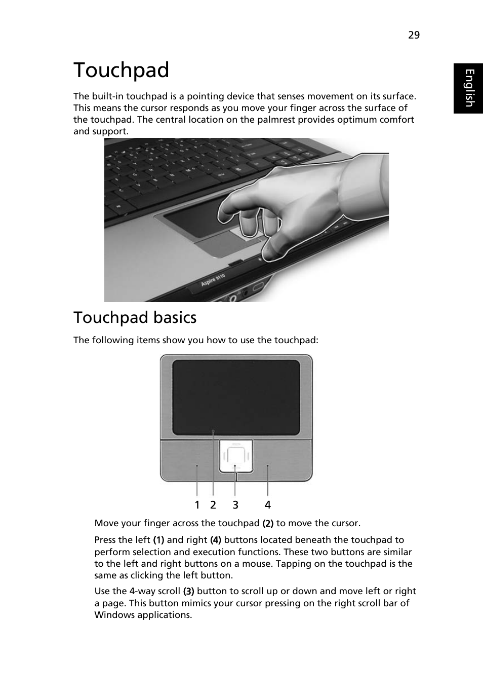Touchpad, Touchpad basics | Acer Aspire 9110 User Manual | Page 43 / 115