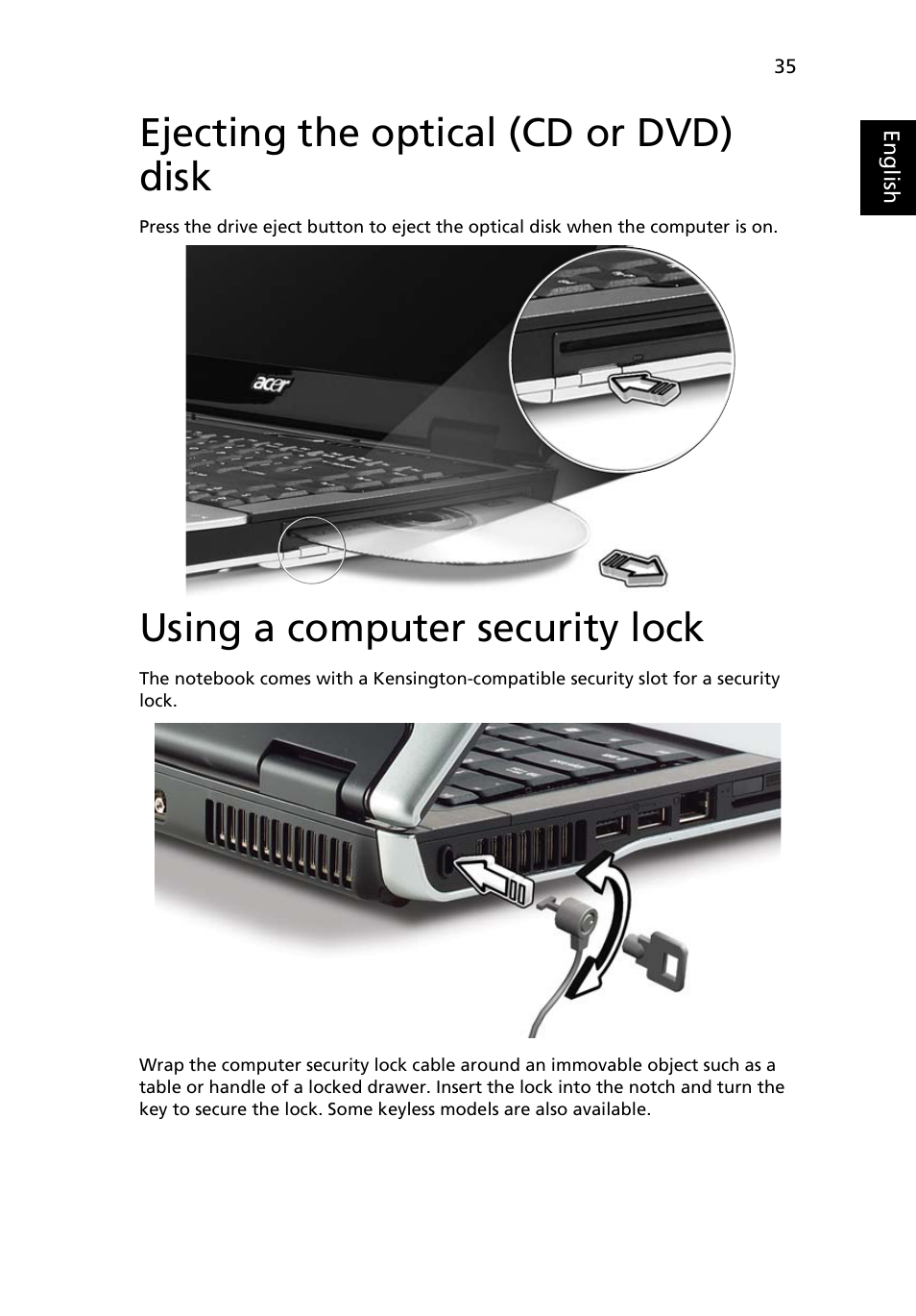 Ejecting the optical (cd or dvd) disk, Using a computer security lock | Acer Aspire 9110 User Manual | Page 49 / 115