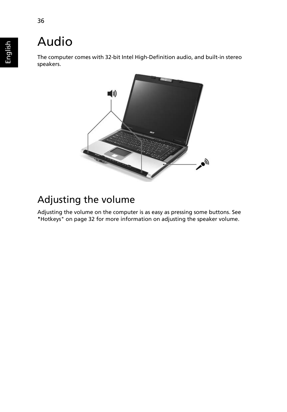 Audio, Adjusting the volume | Acer Aspire 9110 User Manual | Page 50 / 115