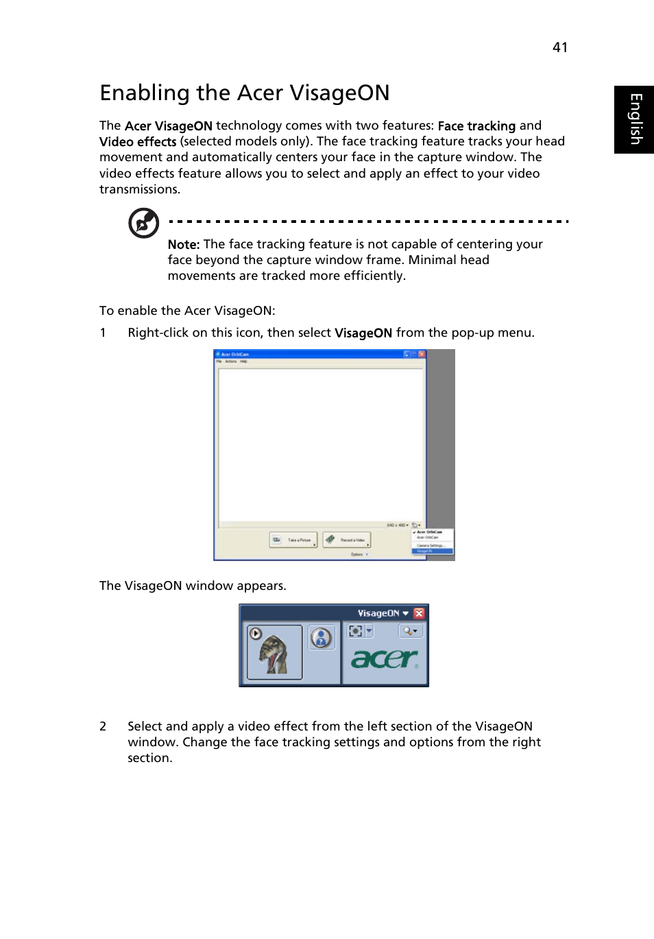 Enabling the acer visageon | Acer Aspire 9110 User Manual | Page 55 / 115
