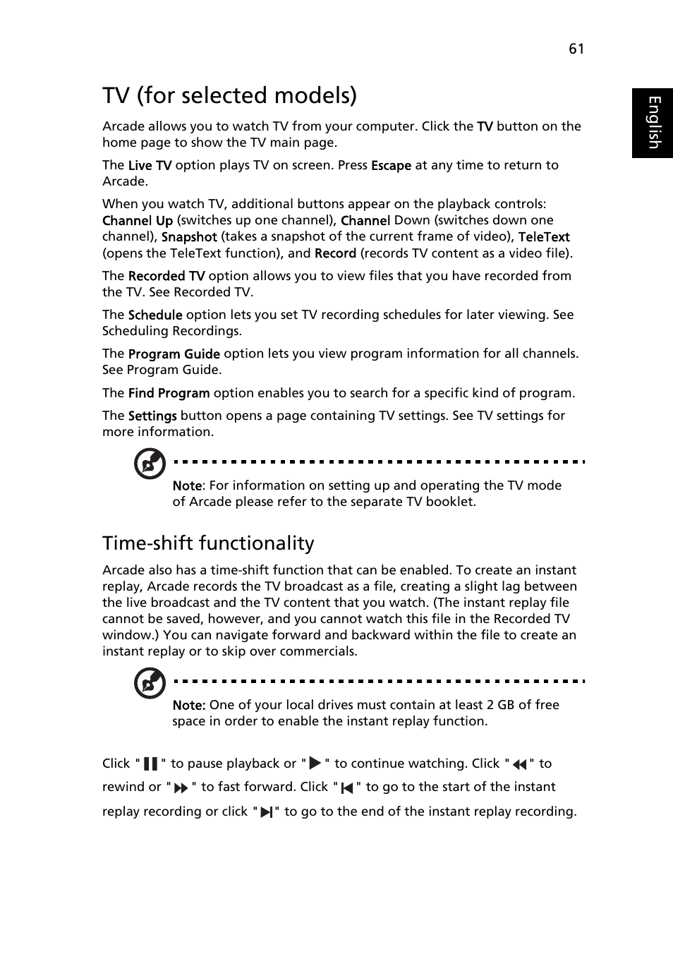 Tv (for selected models), Time-shift functionality | Acer Aspire 9110 User Manual | Page 75 / 115