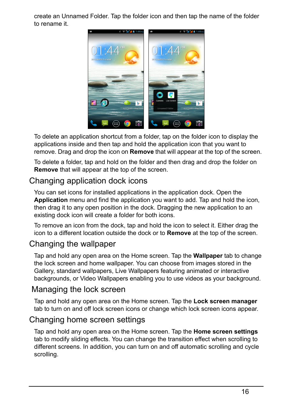 Changing application dock icons, Changing the wallpaper, Managing the lock screen | Changing home screen settings | Acer S510 User Manual | Page 16 / 67