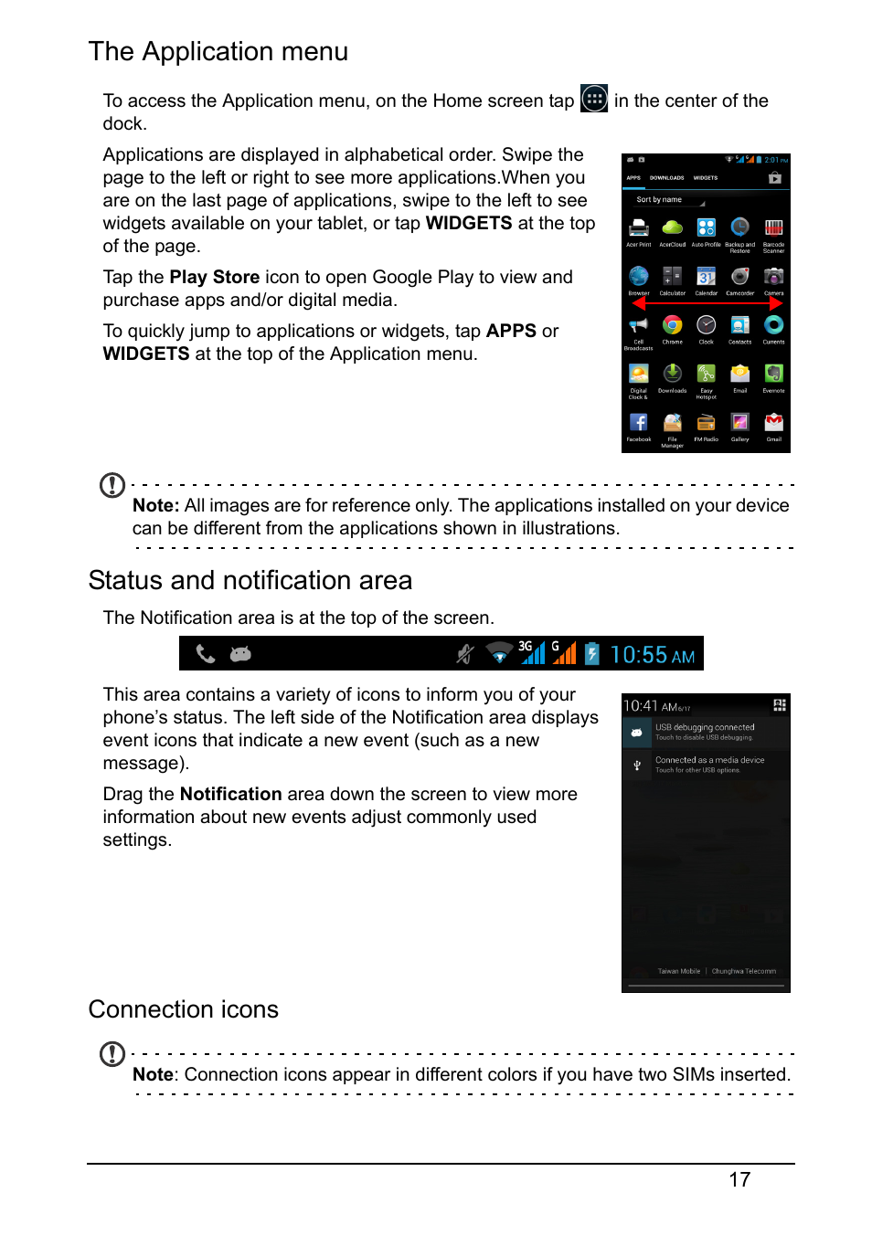 The application menu, Status and notification area, Connection icons | Acer S510 User Manual | Page 17 / 67