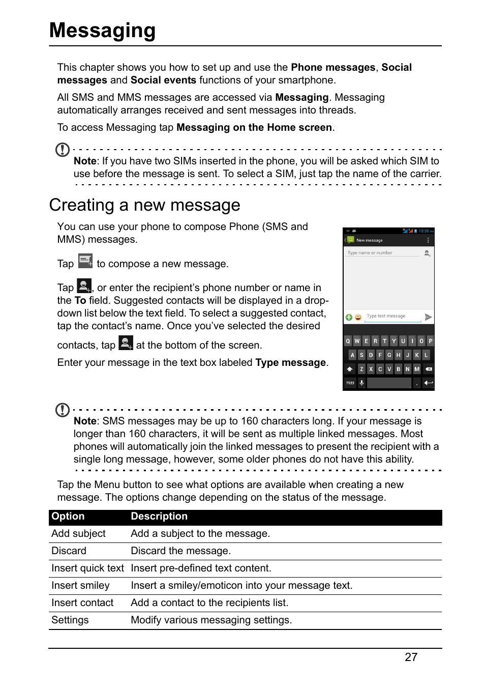 Creating a new message, Messaging | Acer S510 User Manual | Page 27 / 67