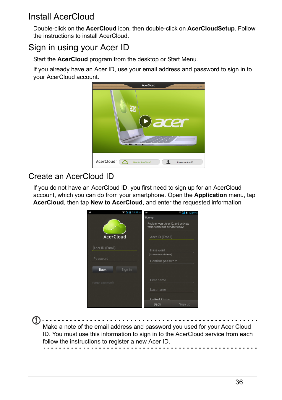 Install acercloud, Sign in using your acer id, Create an acercloud id | Acer S510 User Manual | Page 36 / 67