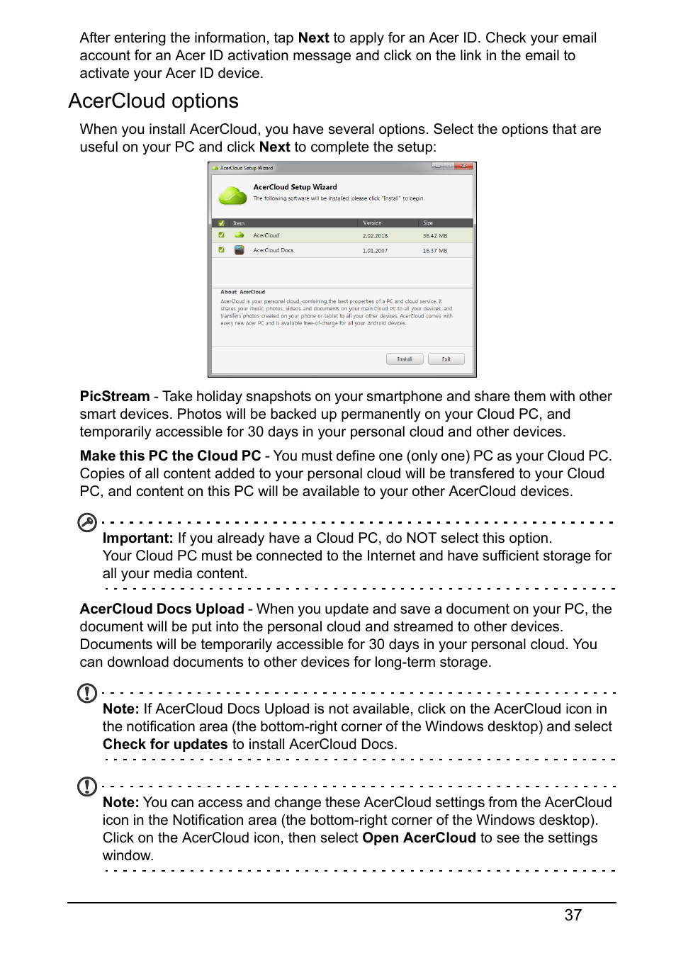 Acercloud options | Acer S510 User Manual | Page 37 / 67