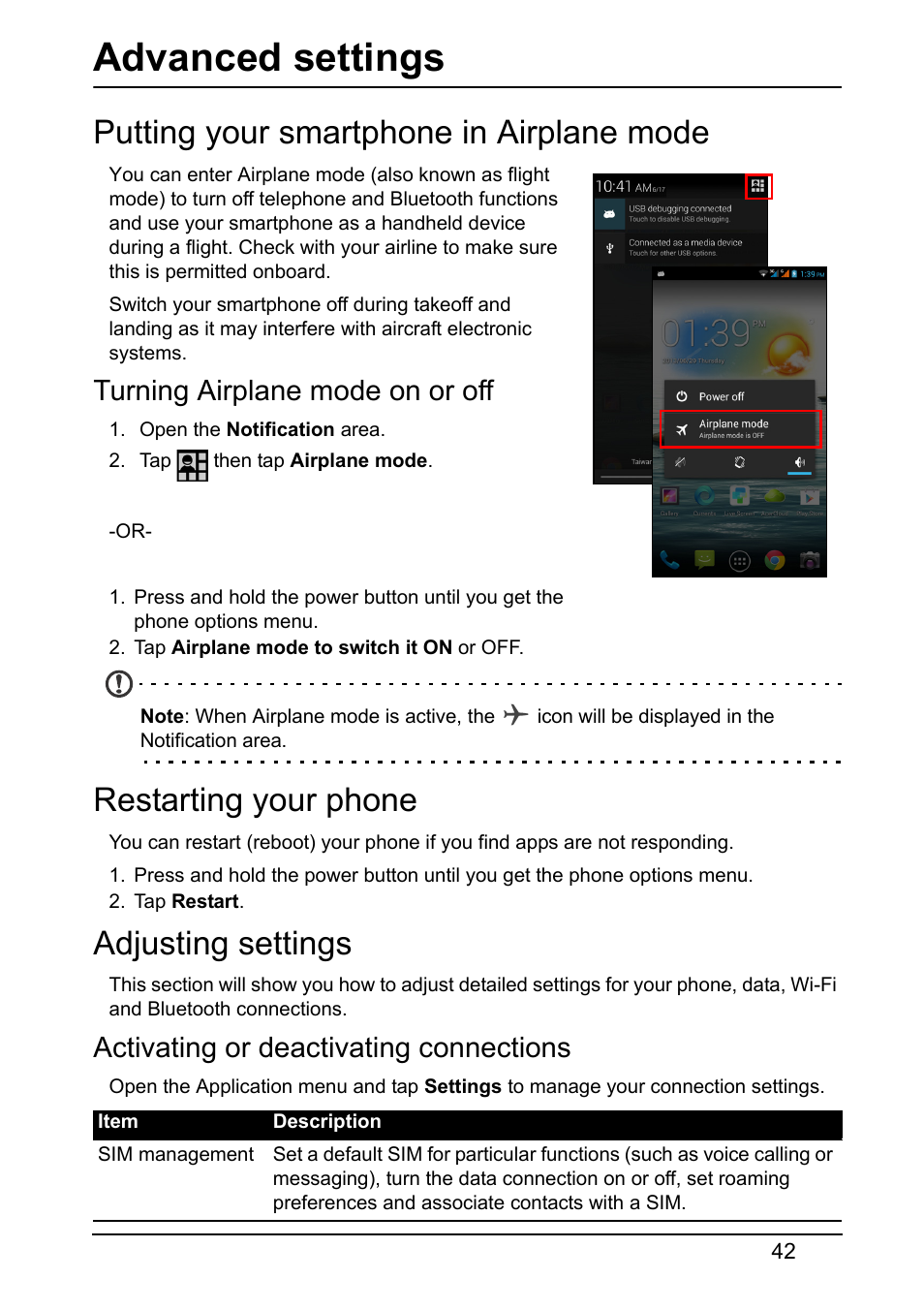 Putting your smartphone in airplane mode, Turning airplane mode on or off, Restarting your phone | Adjusting settings, Activating or deactivating connections, Advanced settings | Acer S510 User Manual | Page 42 / 67