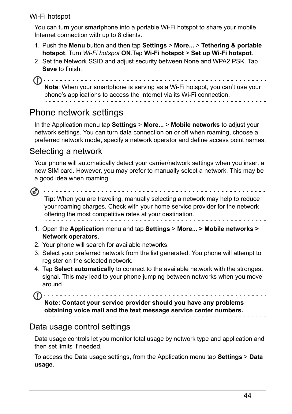 Phone network settings, Selecting a network, Data usage control settings | Acer S510 User Manual | Page 44 / 67