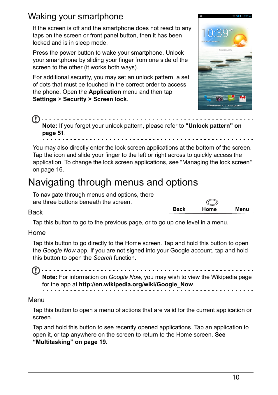 Waking your smartphone, Navigating through menus and options | Acer S510 User Manual | Page 10 / 65