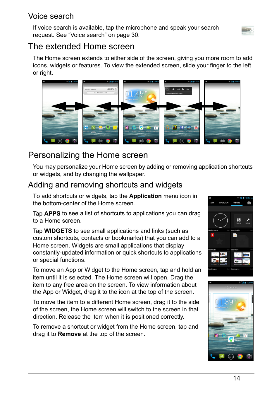 The extended home screen, Personalizing the home screen, Voice search | Adding and removing shortcuts and widgets | Acer S510 User Manual | Page 14 / 65